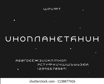 Alien font. Cyrillic vector alphabet letters and numbers. Typeface design. 