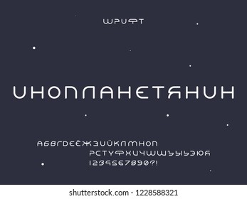 Alien font. Cyrillic vector alphabet letters and numbers. Typeface design. 