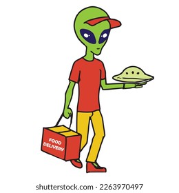 Alien as a food delivery boy, Colorful vector design. isolated on white background.