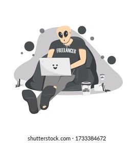 The alien freelancer is sitting on a soft sofa and working