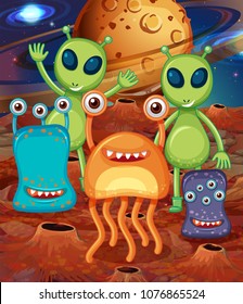 Alien with Friends on Mars illustration