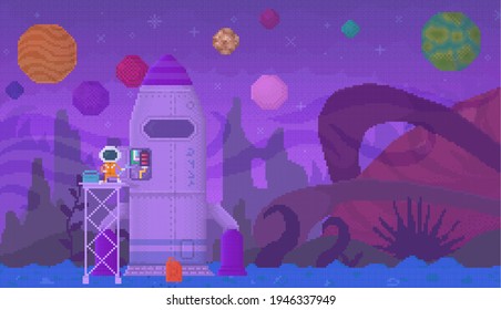Alien fueles aircraft standing on unknown planet. Purple rocket with pixelated creature in space