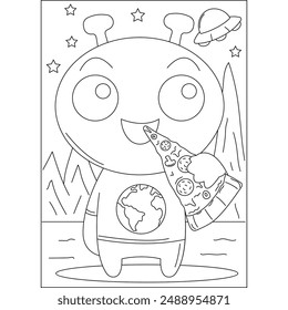 alien fun pizza coloring book page for ui, ux, web, app, brochure, flyer and presentation design, etc.