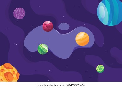 Alien galaxy with strange planets and orbits illustration vector background.
