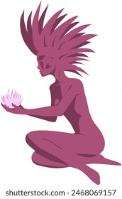 Chica extraterrestre con flor en las manos sentada en su regazo. Silueta de sombra púrpura de Ilustración vectorial Girl con cabello exuberante sosteniendo un lirio de agua o loto en su mano.