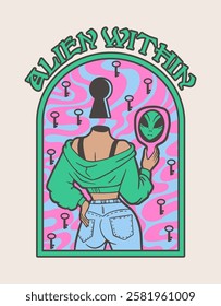 alien girl looking in mirror, psychedelic print on t-shirt, alien within