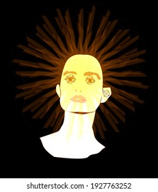 An alien girl with sun instead of hair. Imagenery, vector graphic illustration. Minimal portrait of beautiful woman