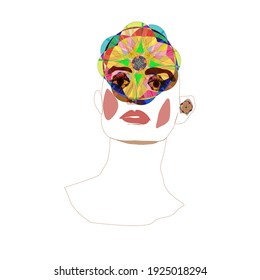 An alien girl. Vector surreal portrait of a girl with mandala in head. Graphic drawing, woman portrait. Colorful icon, minimal template