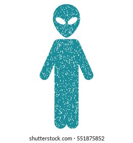 Alien grainy textured icon for overlay watermark stamps. Flat symbol with unclean texture. Dotted vector soft blue ink rubber seal stamp with grunge design on a white background.