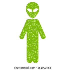 Alien grainy textured icon for overlay watermark stamps. Flat symbol with unclean texture. Dotted vector eco green ink rubber seal stamp with grunge design on a white background.