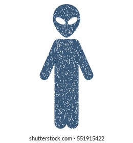 Alien grainy textured icon for overlay watermark stamps. Flat symbol with dirty texture. Dotted vector blue ink rubber seal stamp with grunge design on a white background.