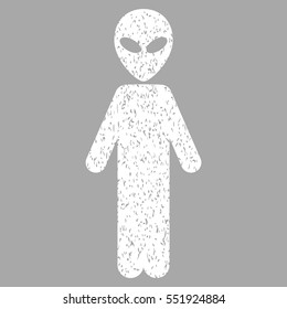 Alien grainy textured icon for overlay watermark stamps. Flat symbol with dust texture. Dotted vector white ink rubber seal stamp with grunge design on a silver background.