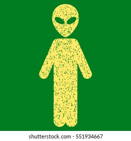 Alien grainy textured icon for overlay watermark stamps. Flat symbol with unclean texture. Dotted vector yellow ink rubber seal stamp with grunge design on a green background.
