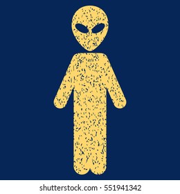 Alien grainy textured icon for overlay watermark stamps. Flat symbol with dirty texture. Dotted vector yellow ink rubber seal stamp with grunge design on a blue background.