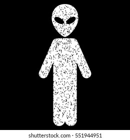 Alien grainy textured icon for overlay watermark stamps. Flat symbol with dust texture. Dotted vector white ink rubber seal stamp with grunge design on a black background.