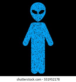 Alien grainy textured icon for overlay watermark stamps. Flat symbol with scratched texture. Dotted vector blue ink rubber seal stamp with grunge design on a black background.