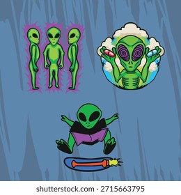 alien green cartoon character pack design for streetwear print