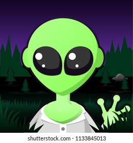 Alien green character portrait, vector cartoon color illustration horizontal, over white, isolated