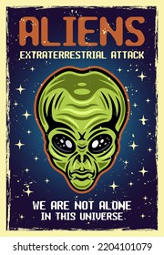 Alien green head colored vector cartoon decorative poster with textures and sample text on separate layers