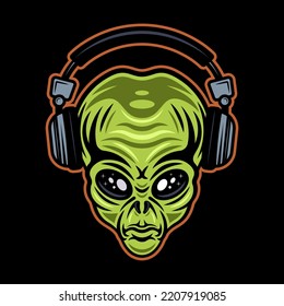Alien green head in headphones character vector illustration in style isolated on dark background