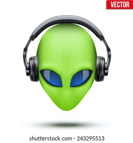 Alien green head with headphones. Vector illustration isolated on white background.