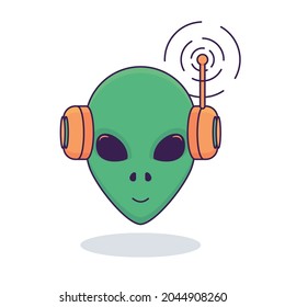 Cabeza verde alienígena con auriculares naranjas