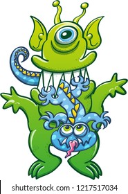 Alien green monster with pointy ears and sharp fangs chewing a lizard-like blue monster. The big monster has a defiant attitude while the little one asks for clemency and sticks its tongue out