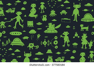 alien green silhouette spaceship pattern