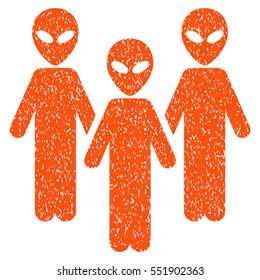 Alien Group grainy textured icon for overlay watermark stamps. Flat symbol with dust texture. Dotted vector orange ink rubber seal stamp with grunge design on a white background.