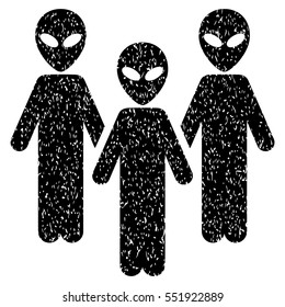 Alien Group grainy textured icon for overlay watermark stamps. Flat symbol with scratched texture. Dotted vector black ink rubber seal stamp with grunge design on a white background.