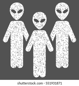 Alien Group grainy textured icon for overlay watermark stamps. Flat symbol with dirty texture. Dotted vector white ink rubber seal stamp with grunge design on a gray background.