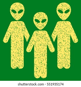 Alien Group grainy textured icon for overlay watermark stamps. Flat symbol with unclean texture. Dotted vector yellow ink rubber seal stamp with grunge design on a green background.