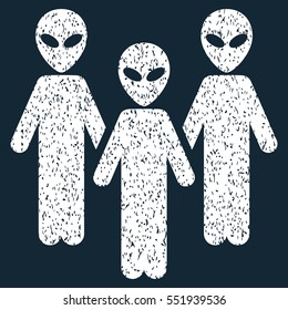 Alien Group grainy textured icon for overlay watermark stamps. Flat symbol with scratched texture. Dotted vector white ink rubber seal stamp with grunge design on a dark blue background.