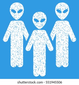 Alien Group grainy textured icon for overlay watermark stamps. Flat symbol with dirty texture. Dotted vector white ink rubber seal stamp with grunge design on a blue background.