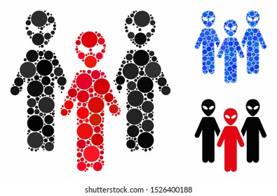 Alien group mosaic for alien group icon of circle elements in different sizes and color tones. Vector small circles are composed into blue mosaic. Dotted alien group icon in usual and blue versions.