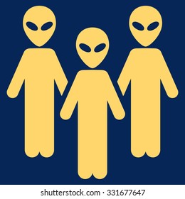 Alien Group vector icon. Style is flat yellow symbol, rounded angles, blue background.