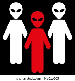 Alien Group vector icon. Style is flat bicolor red and white symbol, rounded angles, black background.