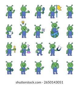 Alien guide character set showing different teaching moments using hand signs, science tools, gestures of communication, confidence and discovery for yours illustration and creative designs projects