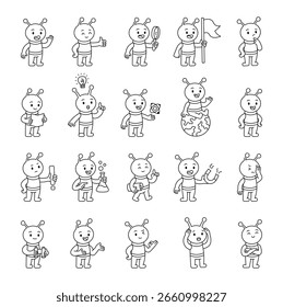 Alien guide character set showing different teaching moments using hand signs, science tools, gestures of communication, confidence and discovery for yours illustration and creative designs projects
