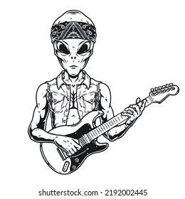 Alien guitar vintage label monochrome a humanoid alien from outer space performs rock music for phonates vector illustration
