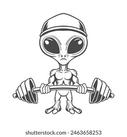 Alien in gym dumble in hand vector drawing.