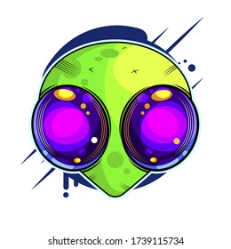 Alien Hand Drawn Vector Illustration. Martian Showing Peace Sign Closeup. Extraterrestrial Invasion Concept.