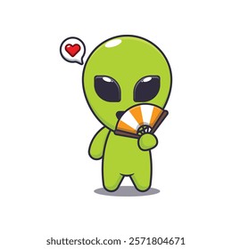 alien with hand fan. mascot cartoon character vector illustration. design element for poster, brochure, web, mascot, sticker, logo and icon.