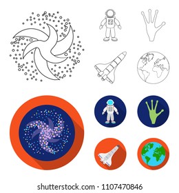 The alien hand, the space shuttle ship Space Shuttle, the astronaut in the spacesuit, the black hole with the stars. Space set collection icons in outline,flat style vector symbol stock illustration