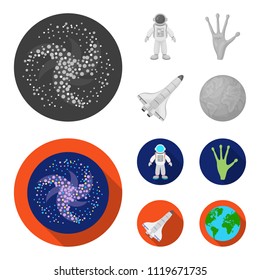 The alien hand, the space shuttle ship Space Shuttle, the astronaut in the spacesuit, the black hole with the stars. Space set collection icons in monochrome,flat style vector symbol stock