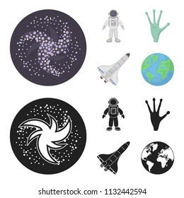 The alien hand, the space shuttle ship Space Shuttle, the astronaut in the spacesuit, the black hole with the stars. Space set collection icons in cartoon,black style vector symbol stock illustration