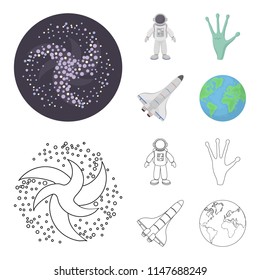 The alien hand, the space shuttle ship Space Shuttle, the astronaut in the spacesuit, the black hole with the stars. Space set collection icons in cartoon,outline style vector symbol stock