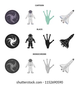The alien hand, the space shuttle ship Space Shuttle, the astronaut in the spacesuit, the black hole with the stars. Space set collection icons in cartoon,black,monochrome style vector symbol stock