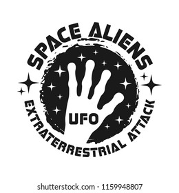 Alien hand and stars vector emblem in vintage monochrome style isolated on white background