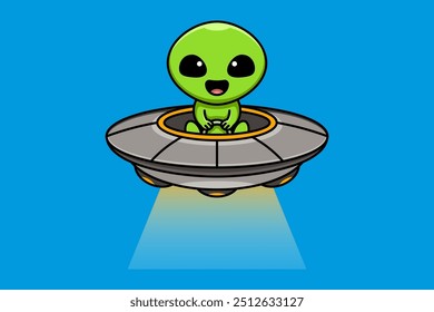 alien happily flying in the sky, capturing a playful and adorable cartoon vibe.